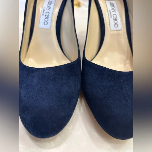 Jimmy Choo Navy Suede Chunky Heel Pumps, Like New, Sz 39 1/2 - Picture 12 of 13